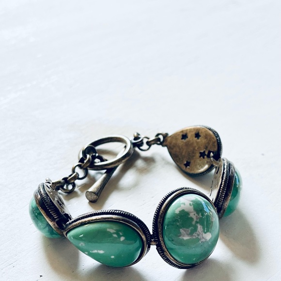 Lucky Brand Pave Faux Turquoise Cabochon Bracelet Antique Silver Tone Western - Picture 2 of 10